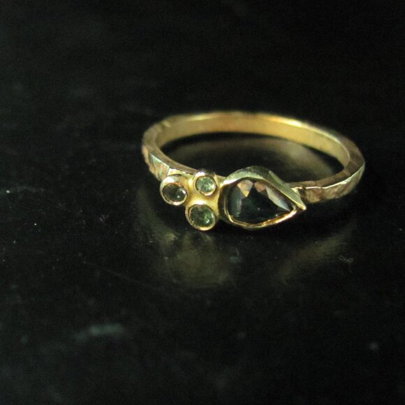 Engagement ring. 14k yellow gold blue diamond ring and 3 Tourmalines. - Picture 6 of 14